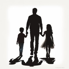 Family silhouette. Black silhouette of a family. Silhouette of a father with two children. Black and white back view silhouette of a father walking with his daughter and son holding hands.