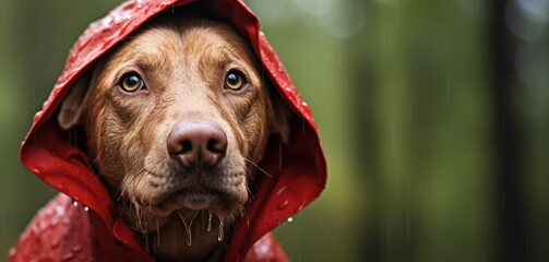 A Fawn-colored Labrador Retriever, a working dog from the Sporting Group, is dressed in a red raincoat with a hood to protect it from the rain.