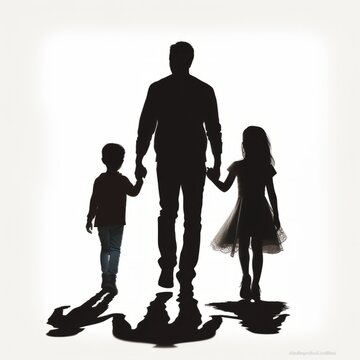 recommend clip art: Family silhouette. Black silhouette of a family. Silhouette of a father with two children. Black and white back view silhouette of a father walking with his daughter and son holding hands.