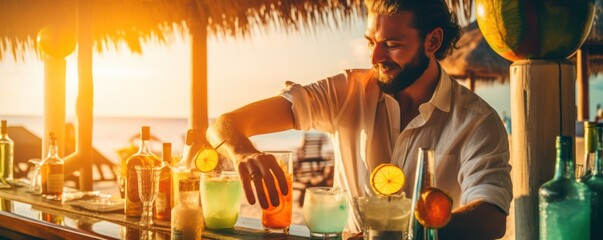 Barman preparing a cocktail in a beach bar - Powered by Adobe