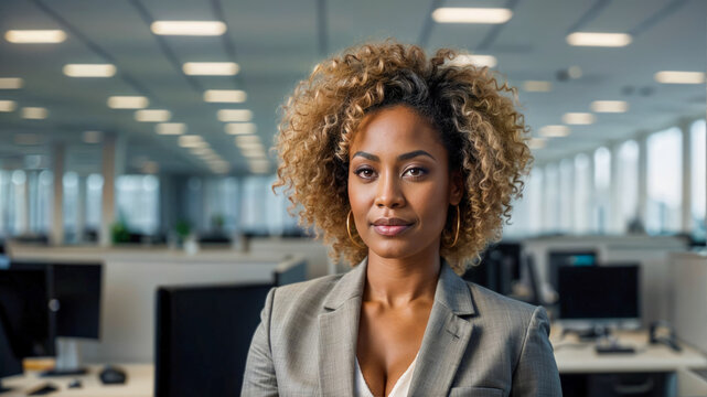 Portrait of an Afro-American successful businesswoman in cubical office