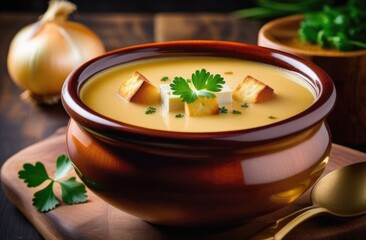 St. Patrick's Day, traditional Irish pastries, national Irish cuisine, Onion soup with Irish porter and cheese croutons, cream soup with croutons