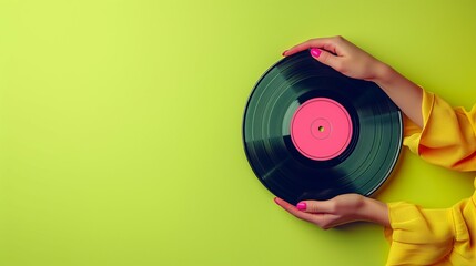 Female hands holding a vinyl record. Copy space. Minimal retro party concept. Music festival concept.