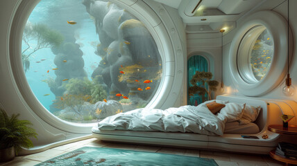Incredible futuristic underwater bedroom, big panoramic view of the tropical fishes and reef,generative ai