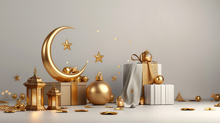 Islamic background Gift box lantern gold crescent moon, Islamic background, Gift box, lantern, gold crescent moon on white. Design concept of ramadan kareem, mawlid, iftar,isra and miraj Generative Ai