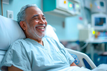 Smiling mature american adult male patient in a clinic hospital room on a bed receiving good news