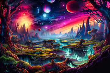 Fantasy Planet Landscape, Science Fiction and Space Exploration, Artistic Universe Concept