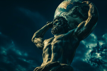 huge great statue of the greek god titan atlas holding planet earth in his hands. dark sky in the background