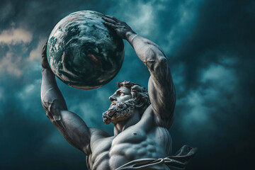 huge great statue of the greek god titan atlas holding planet earth in his hands. dark sky in the background