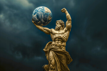 huge great statue of the greek god titan atlas holding planet earth in his hands. dark sky in the background