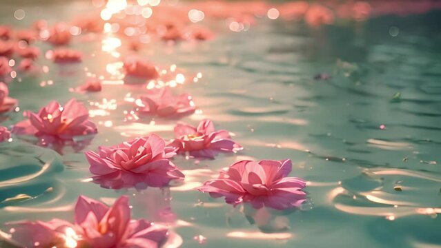 Pink colorful flowers on water surface,Colorful flowers floating in clear water. waves on pink background. Crystal clear blue pure water with reflections sunlight and shadows. Spring beauty 4k video f