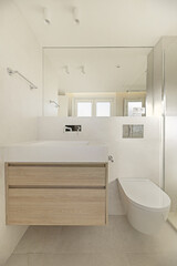 Fototapeta na wymiar Frontal image of a small modern bathroom with an elongated white stone imitation sink with a wooden cabinet underneath and a hanging toilet