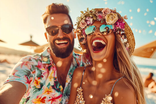 Happy Couple On White Beach During Summer Vacation, Enjoying Their Holidays