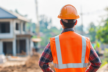 construction engineer standing with his back and watches at a house building construction. wearing a helmet and orange safety vest. working as a architect. blurry background