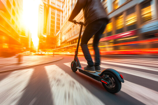 closeup photo of a person driving eco friendly e-scooter in the middle of a urban city street