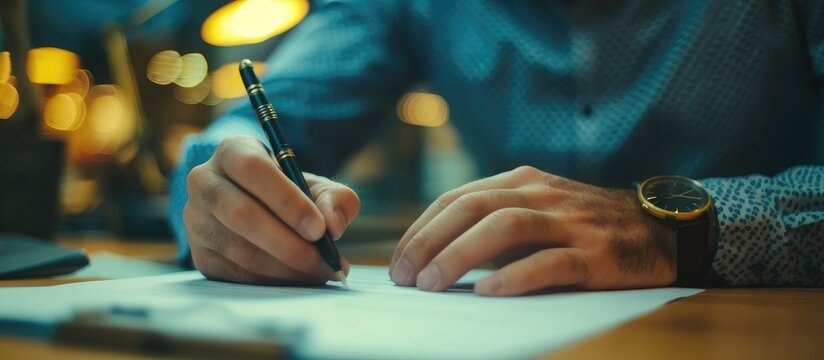 An entrepreneur filling out a form in the office at night, in close-up.