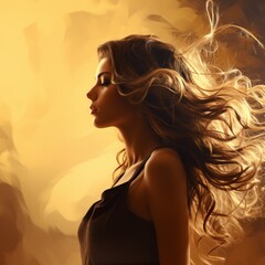 Profile of a beautiful young girl with long wavy hair. Silhouette of a slim pretty woman with stylish hair hairdressing. Side view of a girl with long hair looking forward on a yellow background.