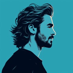 Drawn profile of a handsome man with long hair. Profile silhouette of a man with stylish hair and a beard looking forward. Side view of a grown up adult man illustration on a blue background.