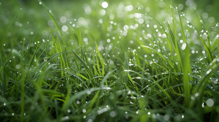 Glistening water droplets on blades of grass after rainfall