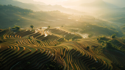 Aerial view of terraced fields in a rural landscape
