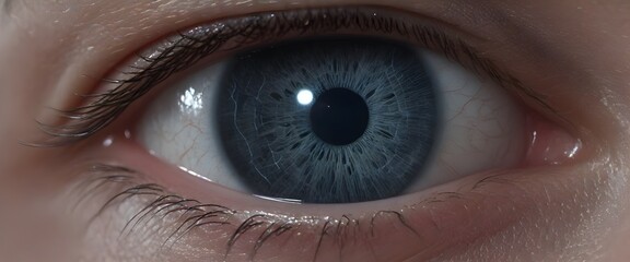 A close-up of a blue eye with details of the iris, eyelashes, and reflection of light on the cornea