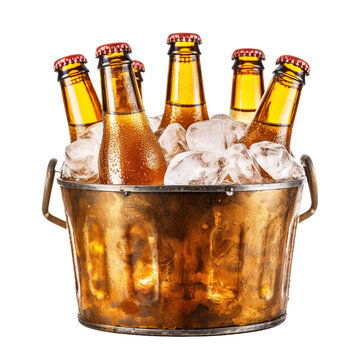 Cold bottles of beer in bucket with ice isolated on white or transparent background