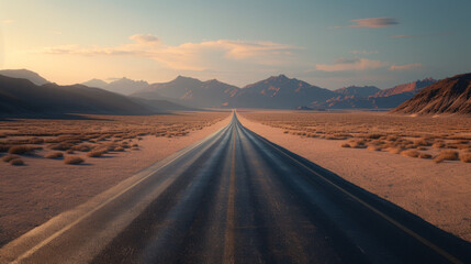 Empty desert road stretching towards the horizon