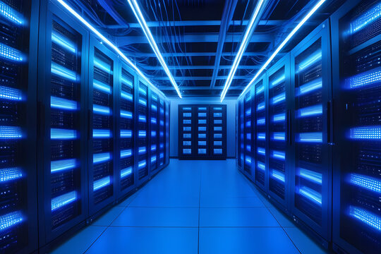 Rows of Servers in a Data Center With Blue Lights