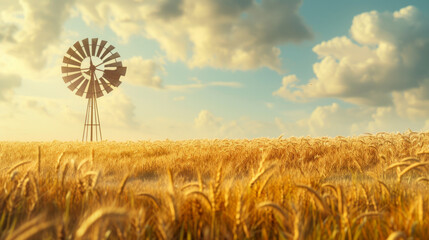 Rustic windmill standing tall in a golden wheat field