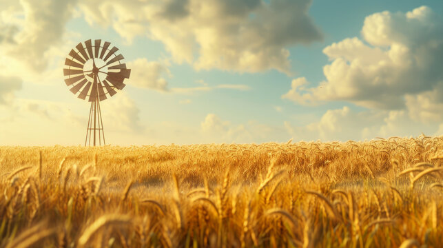 Rustic windmill standing tall in a golden wheat field