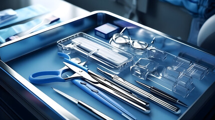 A sterile medical tray with surgical scissors, forceps, and other instruments for procedures. - obrazy, fototapety, plakaty