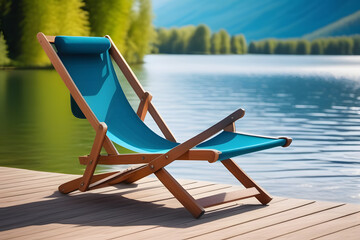 A Blue Lawn Chair on a Wooden Dock