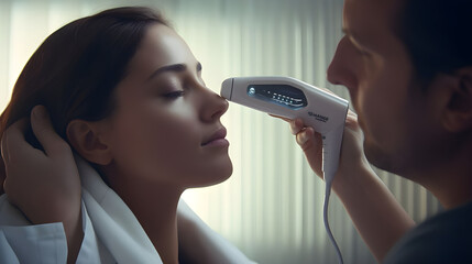 A tympanic thermometer being used to take a patient's temperature in an outpatient clinic. 