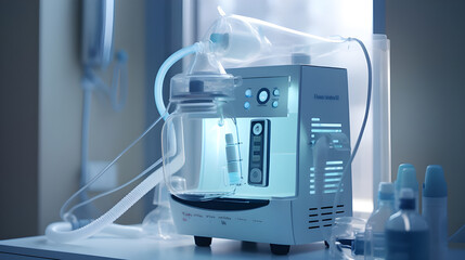 A respiratory therapy nebulizer machine with a mask for delivering medication to the lungs.