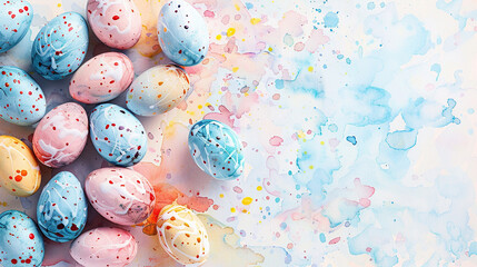 happy easter greeting card, Easter eggs composition hand drawn pastel watercolor eggs border card on white background. 
