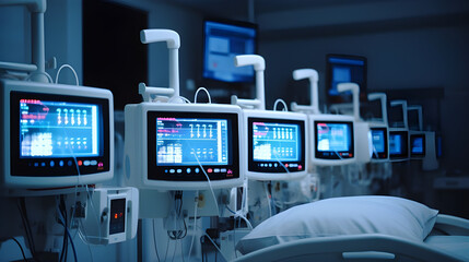 A row of electronic vital sign monitors displaying various patient parameters in a hospital ward. 