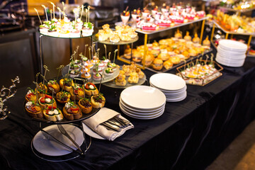 top view of snacks on a buffet table in an elite hotel
