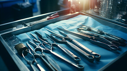 instruments on tray in the operating room - obrazy, fototapety, plakaty