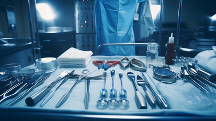 An array of medical instruments neatly arranged on a sterile tray in a hospital operating room.    - obrazy, fototapety, plakaty