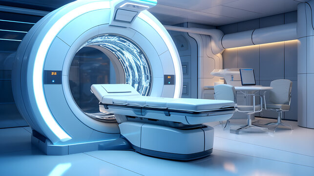 A high-tech MRI machine in a diagnostic imaging center, ready for a patient's examination. 