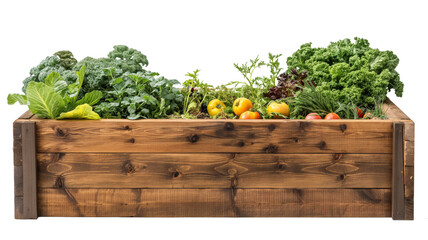 a Raised Bed with growing vegetables and herbs, a side view in a PNG, in a Gardening-themed, isolated, and transparent photorealistic illustration. Generative ai