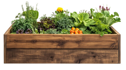 a Raised Bed with growing vegetables and herbs, a side view in a PNG, in a Gardening-themed, isolated, and transparent photorealistic illustration. Generative ai - obrazy, fototapety, plakaty