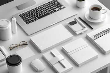 A set of minimalist branding mockups, including business cards and stationery items, perfect for visualizing corporate identity designs and brand consistency.  Generative Ai.