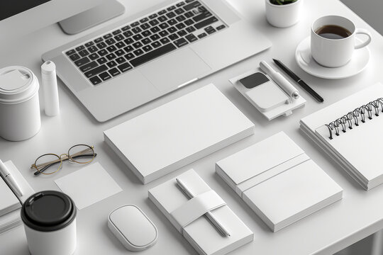 A set of minimalist branding mockups, including business cards and stationery items, perfect for visualizing corporate identity designs and brand consistency.  Generative Ai.