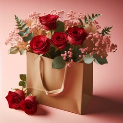  Red roses in brown paper bag on pink background. Valentine's Day concept.