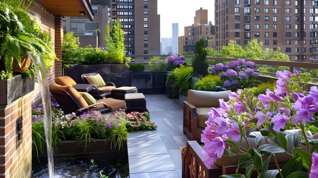a serene image of a lush rooftop garden retreat, complete with blooming flowers, cascading water features, and comfortable seating areas for relaxation.