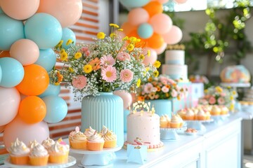A table filled with a variety of cakes and cupcakes, displaying a tempting assortment of flavors and toppings.