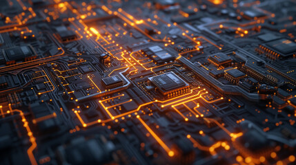 High-tech circuit bord with glowing lines and connections