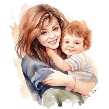 Joyful Mother and Son Watercolor Portrait