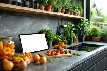A tablet and smartphone mockup in a modern kitchen setting, offering a versatile template for...